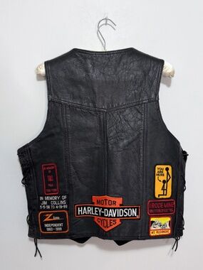 Vintage 90s Biker Vest Genuine Black Leather Harley Davidson & Custom Patches L